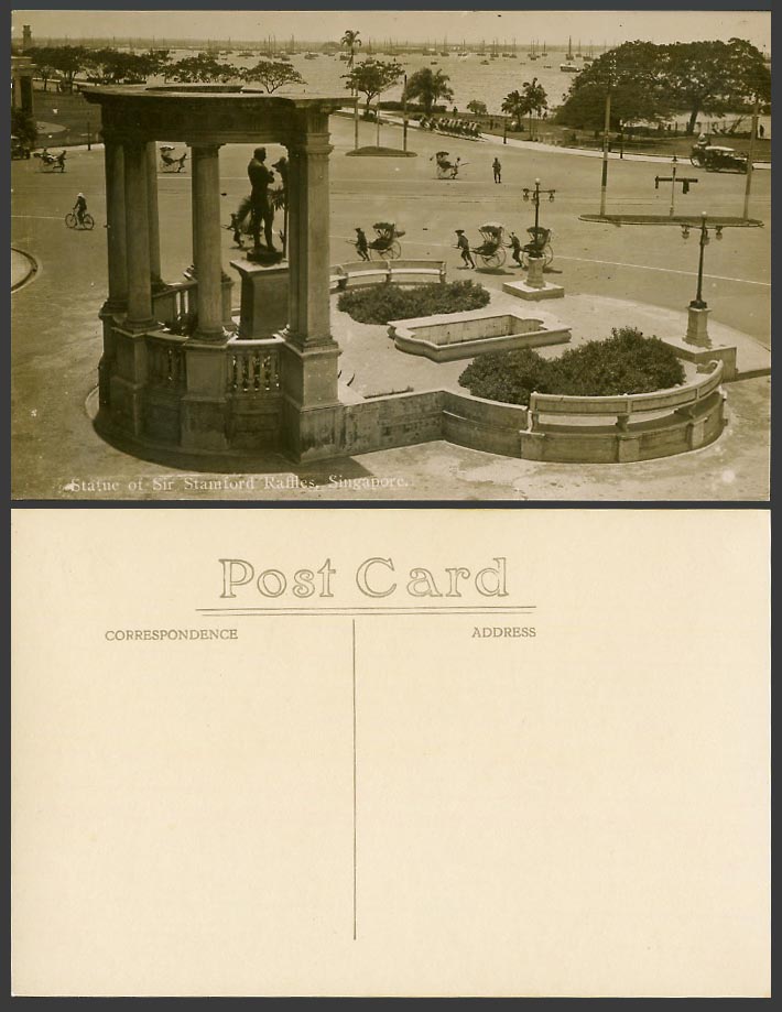 Singapore Old Real Photo Postcard Sir Stamford Raffles Statue Street Car Harbour