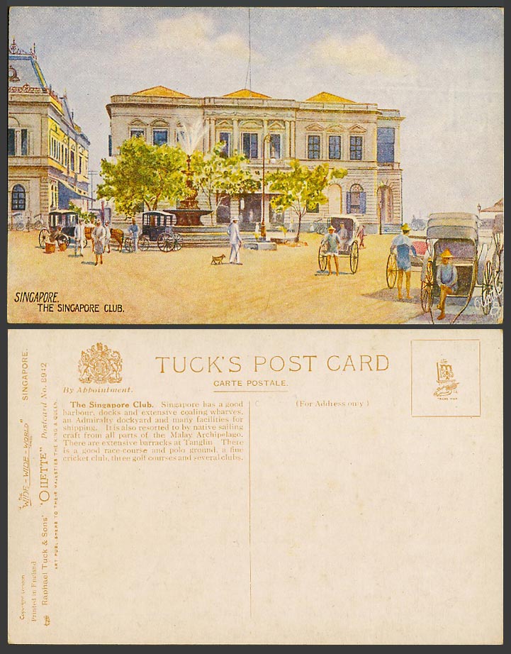 Singapore Club Old Tuck's Oilette Postcard Rickshaw Coolie Street Scene Cart Dog