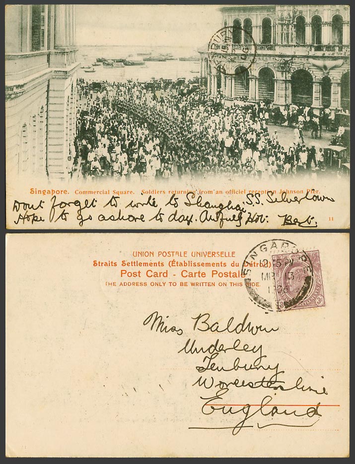 Singapore KE7 3c 1906 Old Postcard Commercial Square Soldiers Official Reception