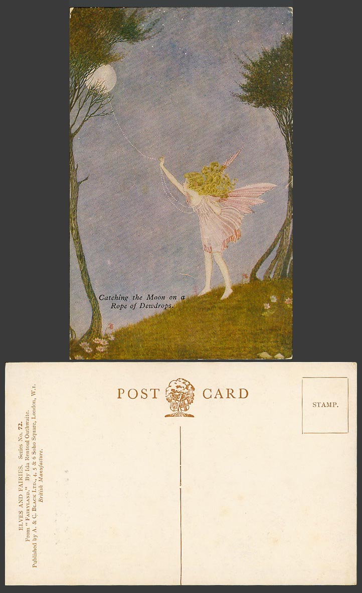 Ida R. OUTHWAITE Old Postcard Fairy Girl Catching The Moon on a Rope of Dewdrops