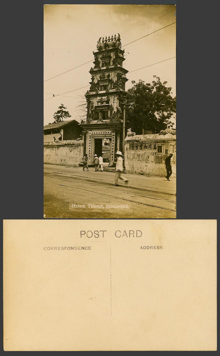 Singapore Old Real Photo Postcard Hindu Indian Temple Entrance Gate Street Scene