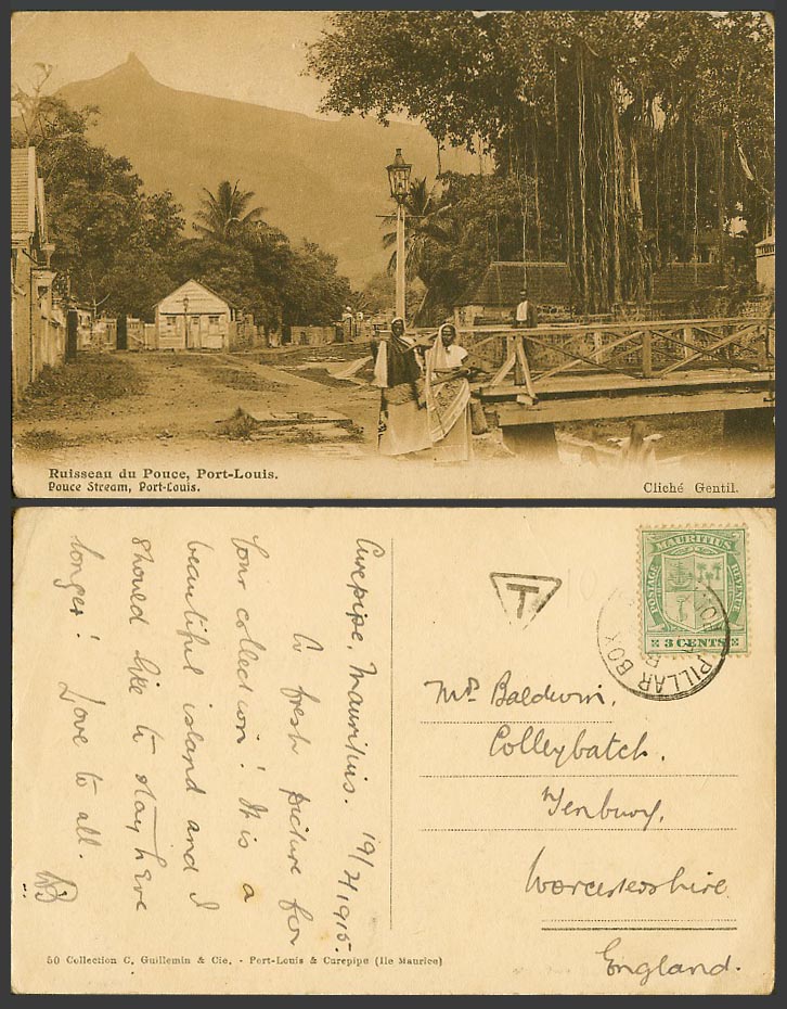 Mauritius Port-Louis Pillar Box 3c 1915 Old Postcard Pouce Stream Bridge 2 Women
