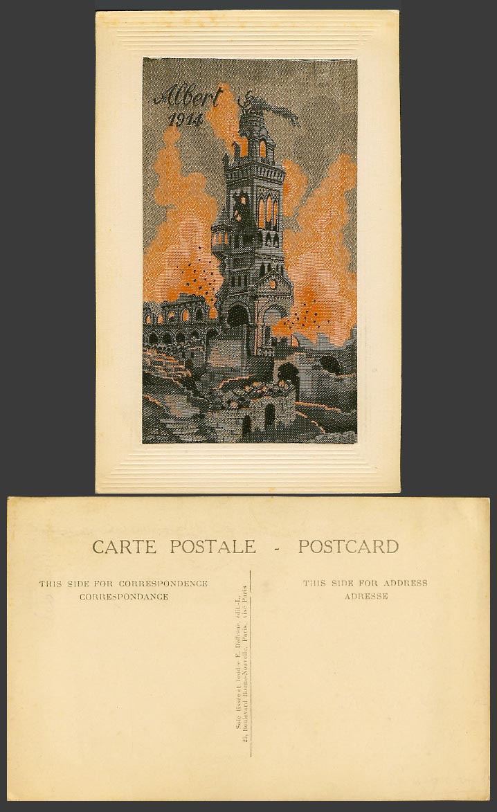 WW1 Woven SILK Old Postcard ALBERT 1914 Bombed Building on FIRE, War BOMBARDMENT