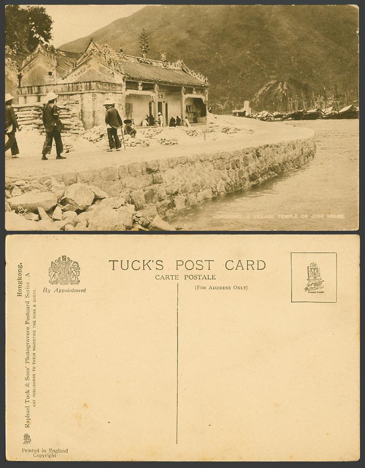 Hong Kong China Old Tuck's Postcard A Village Temple or Joss House Boats Harbour