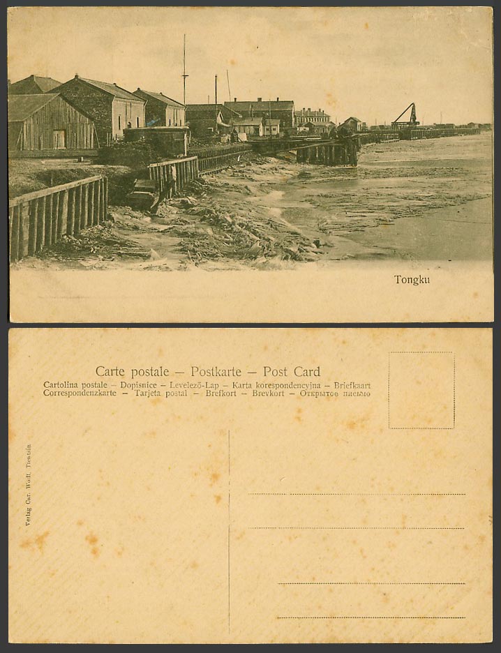 China Old Postcard Tongku Tanggu, Houses, Pier Jetty Coastal Seaside Panorama 塘沽