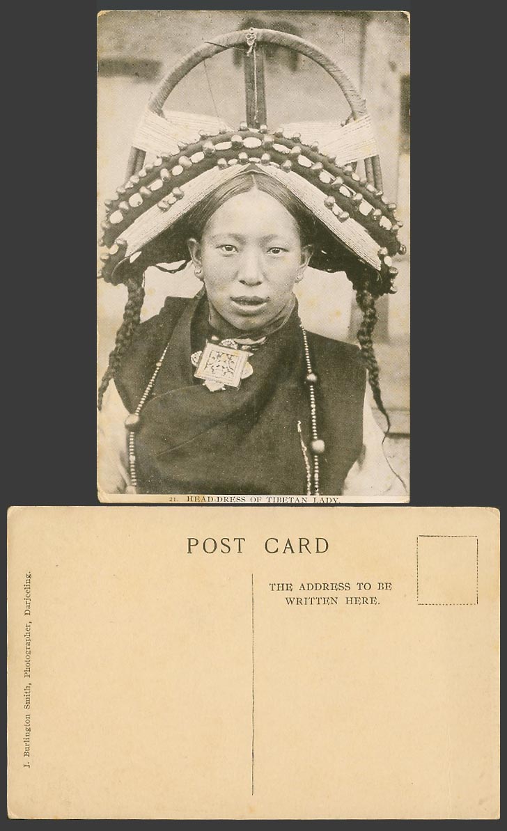 TIBET China Old Postcard Head-Dress of a Tibetan Lady Woman Traditional Costumes