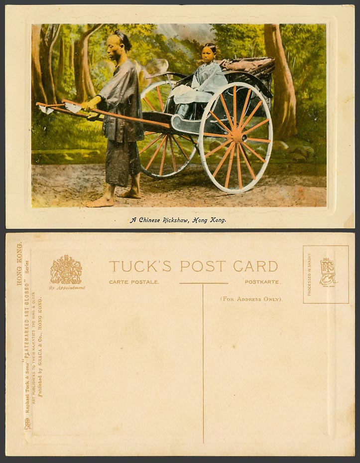 Hong Kong Embossed Tuck's Old Postcard A Chinese Rickshaw, Native Coolie & Woman