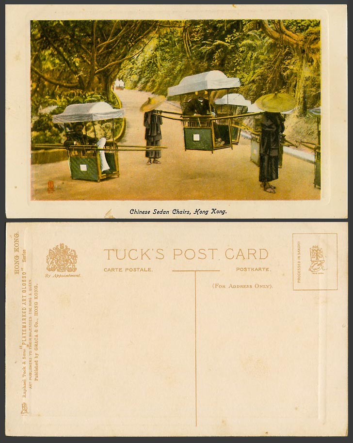 Hong Kong Embossed Tuck's Old Postcard Chinese Sedan Chairs Coolies Street Scene