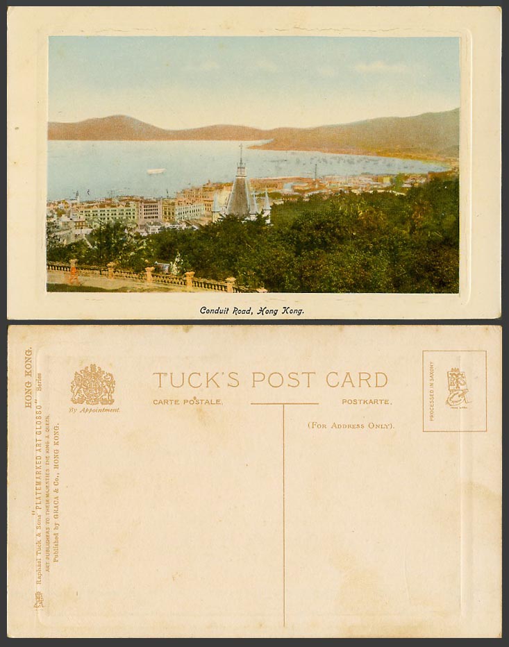 Hong Kong Embossed Tuck's Old Postcard Conduit Road Harbour Church Boat Panorama