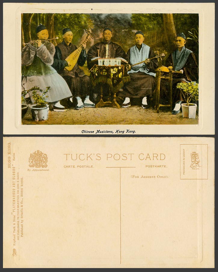 Hong Kong Embossed Tuck's Old Postcard Chinese Musicians Men Musical Instruments