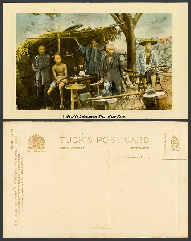 Hong Kong Embossed Tuck's Old Postcard A Wayside Refreshment Stall, Chinaman Boy