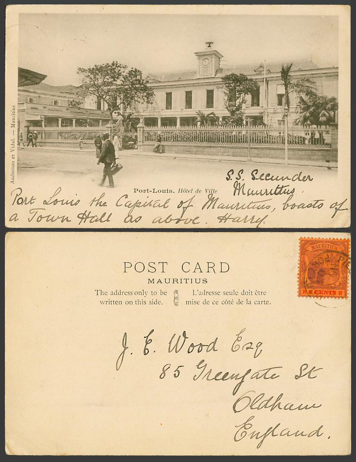 Mauritius 6c 1903 Old Postcard Port Louis, Hotel de Ville Town Hall, Clock Tower