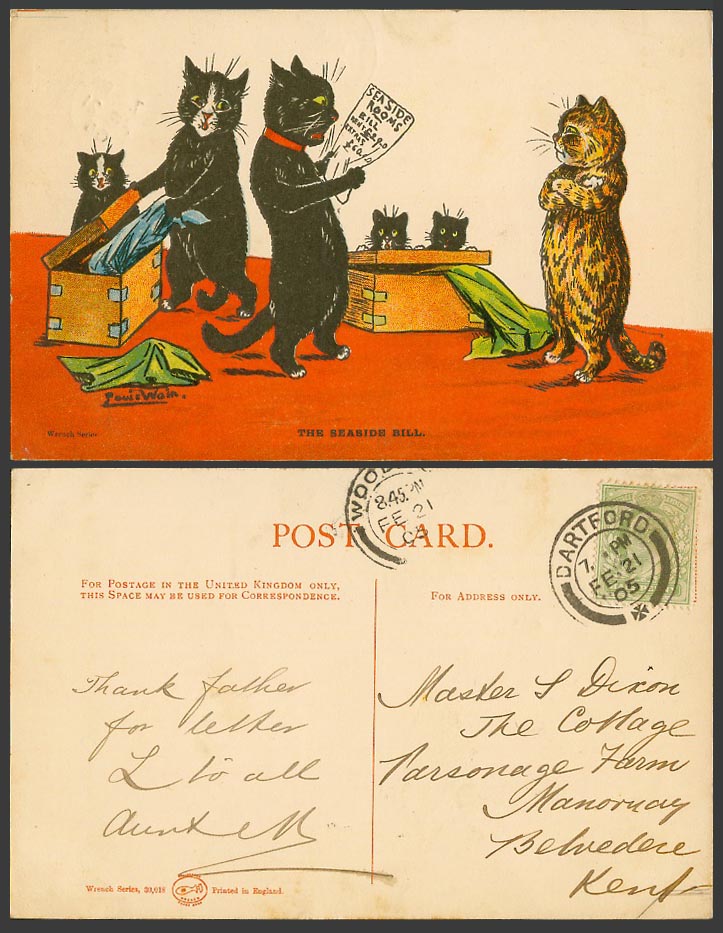 Louis Wain Artist Signed, Black Cats Kittens, The Seaside Bill 1905 Old Postcard