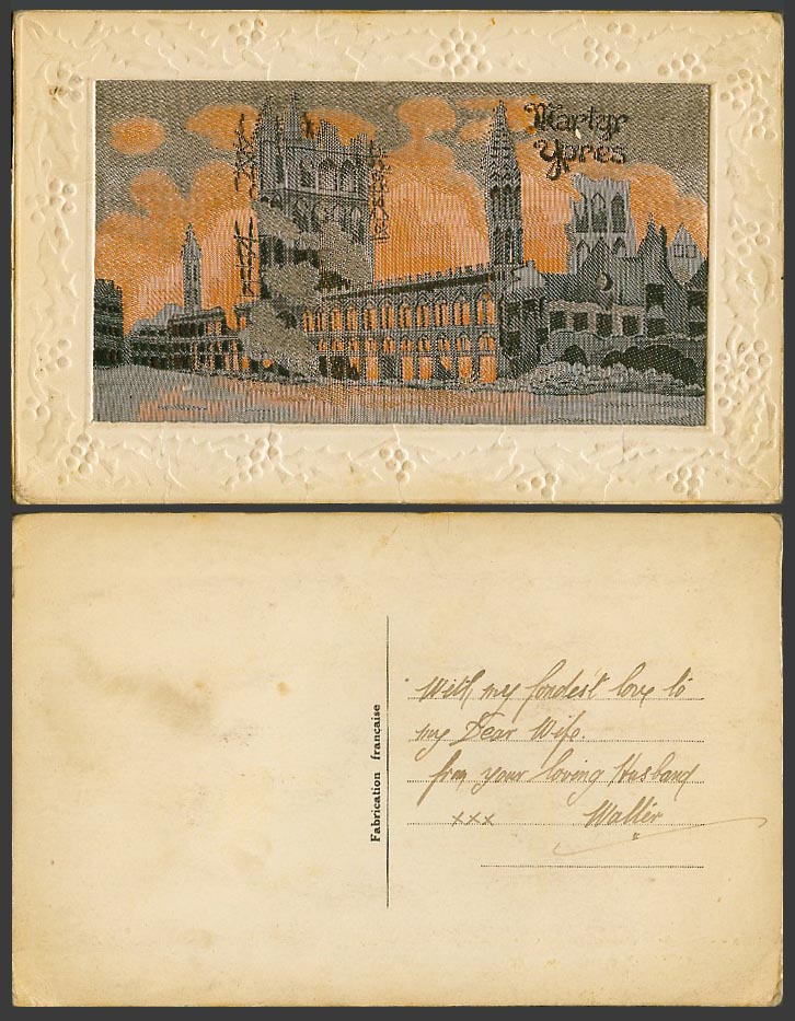 WW1 Woven Silk Old Postcard Martyr Ypres Belgium on Fire Bombardment Tower Ruins