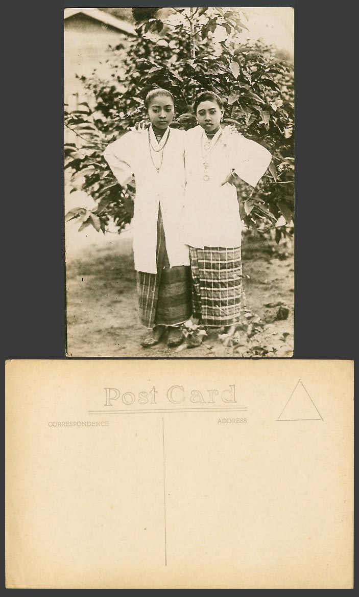 Singapore Malaya Old Real Photo Postcard Malay Girls Women, Traditional Costumes