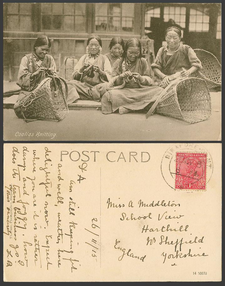 Tibet China India KG5 1a 1915 Old Postcard Coolies Knitting Tibetan Bhutia Women