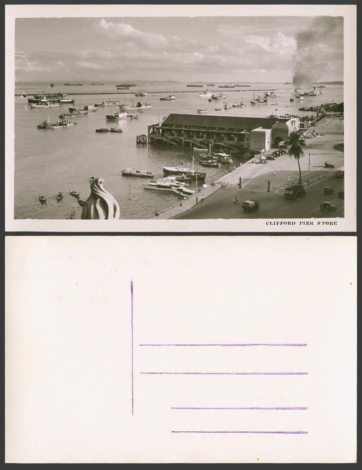 Singapore Old Real Photo Postcard Clifford Pier Harbour Boats Ships Ferries Cars