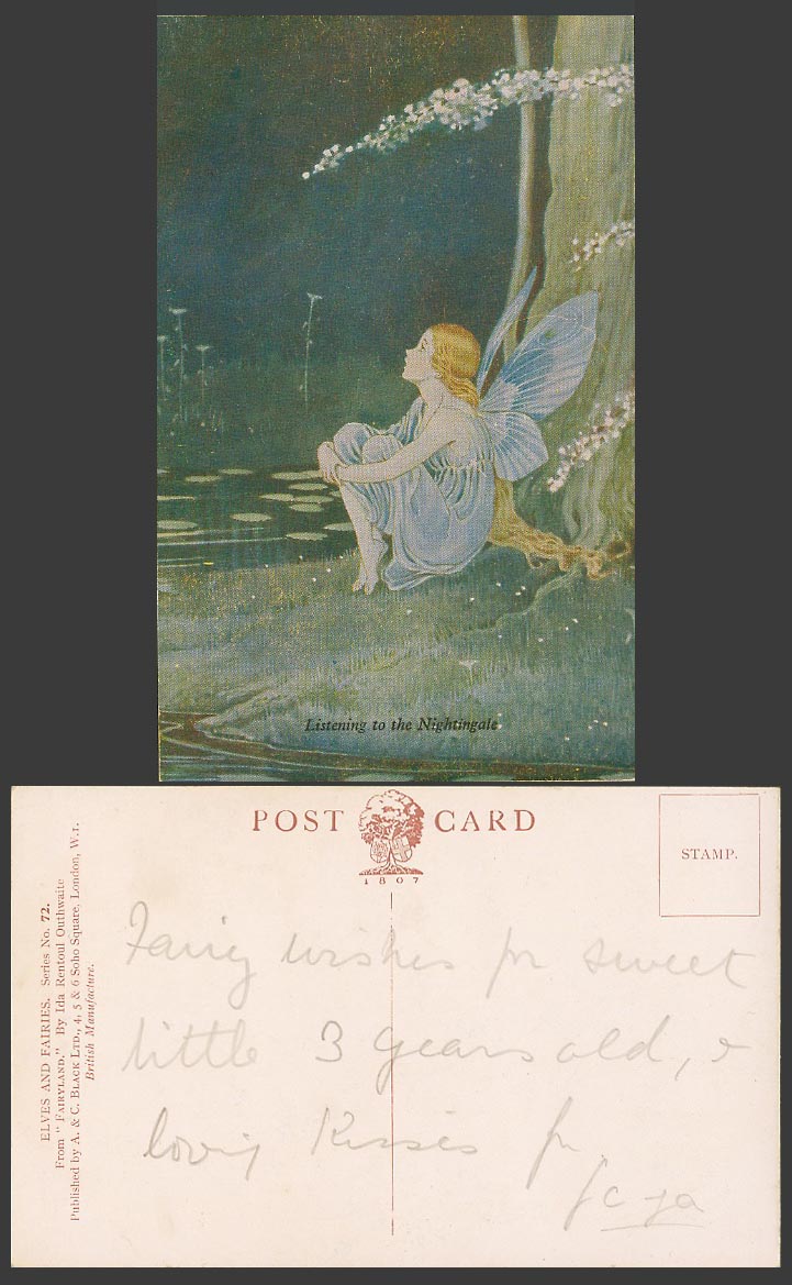 Ida R. Outhwaite Old Postcard Fairy Girl Listening to The Nightingale Fairyland