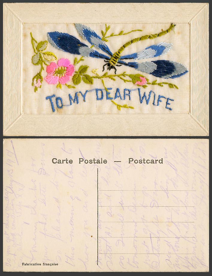 WW1 SILK Embroidered French 1917 Old Postcard Dragonfly Flowers, To My Dear Wife