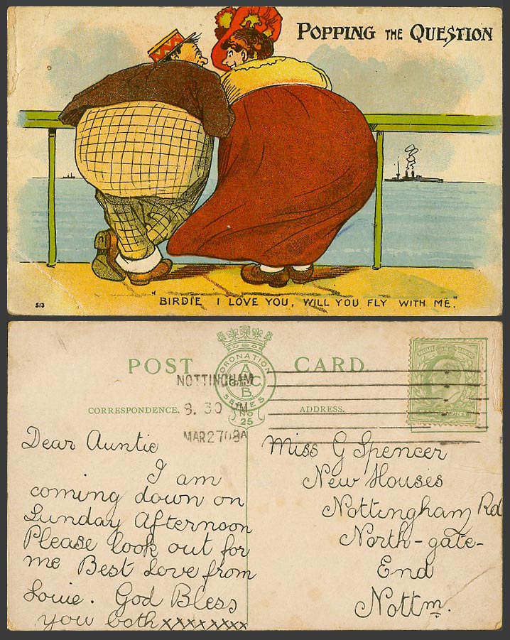 Popping The Question 1908 Old Postcard Birdie, I Love You, Will You Fly With Me.
