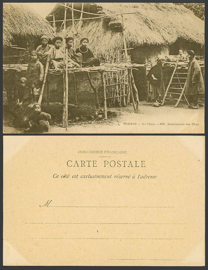 Indochina Old UB Postcard Tonkin Na-Cham Habitations des Thos Native House Women