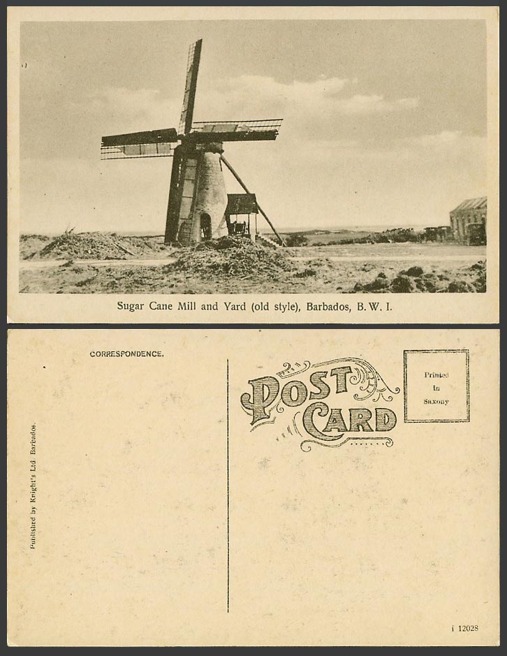 Barbados Old Postcard Sugar Cane Mill and Yard (Old Style) BWI B.W.I. Windmill