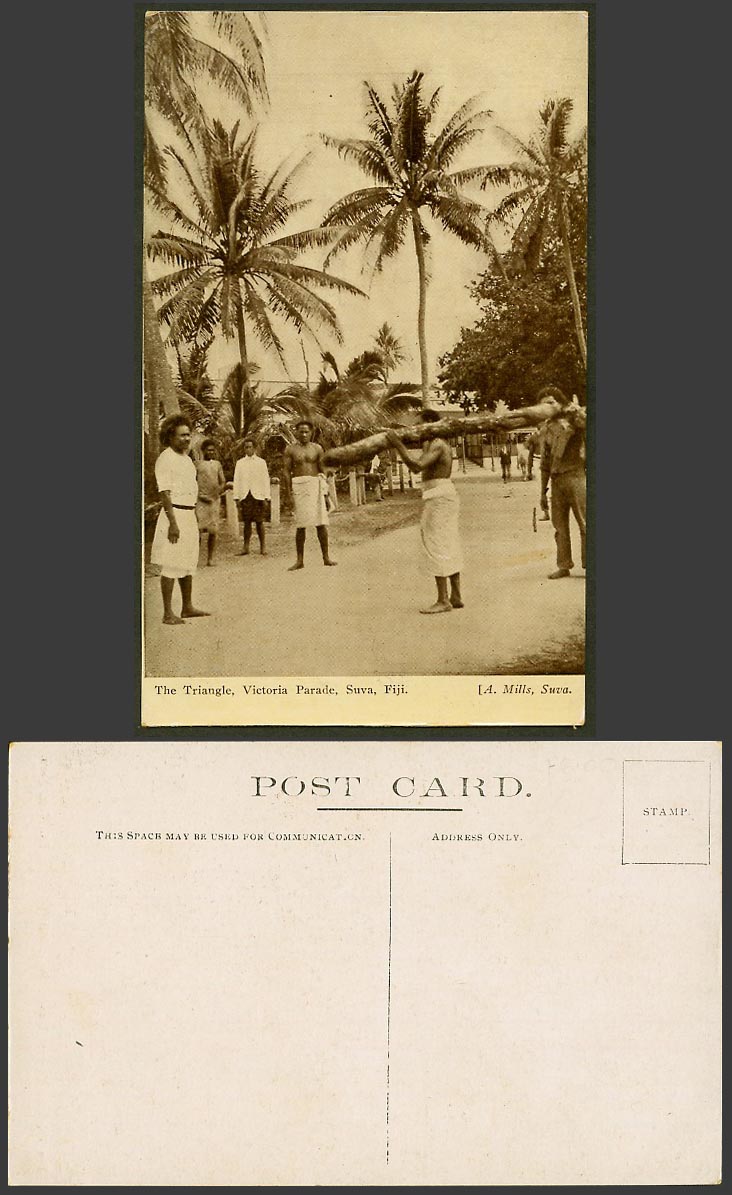Fiji Old Postcard The Triangle Victoria Parade Suva Street Scene Native Men Palm
