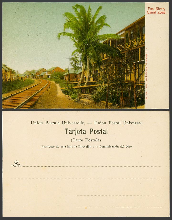Panama Canal Zone Fox River, Railroad Railway, Palm Trees Old Colour UB Postcard