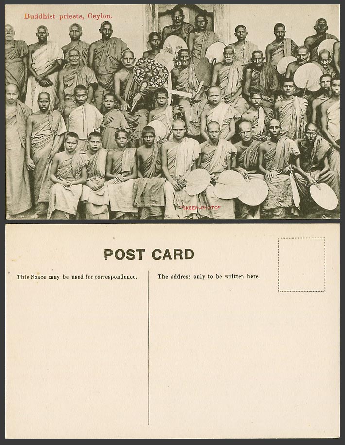 Ceylon Old Postcard Buddhist Priests, Native Monks with Fans, Religious Costumes