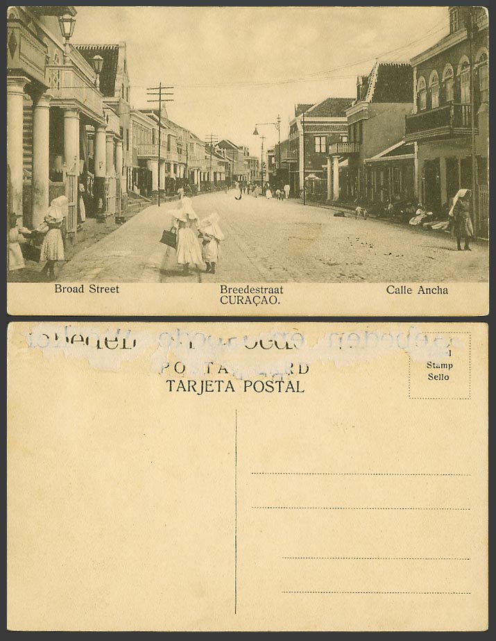 Curacao D.W.I. Old Postcard Calle Ancha, Broad Street Scene, Breedestraat, Women