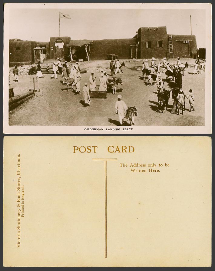 Sudan Old Real Photo Postcard Omdurman Landing Place, Gate, Flag, Walls, Donkeys
