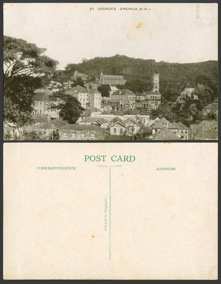 Grenada Old Postcard St. Georges, General View Panorama showing Church Tower BWI