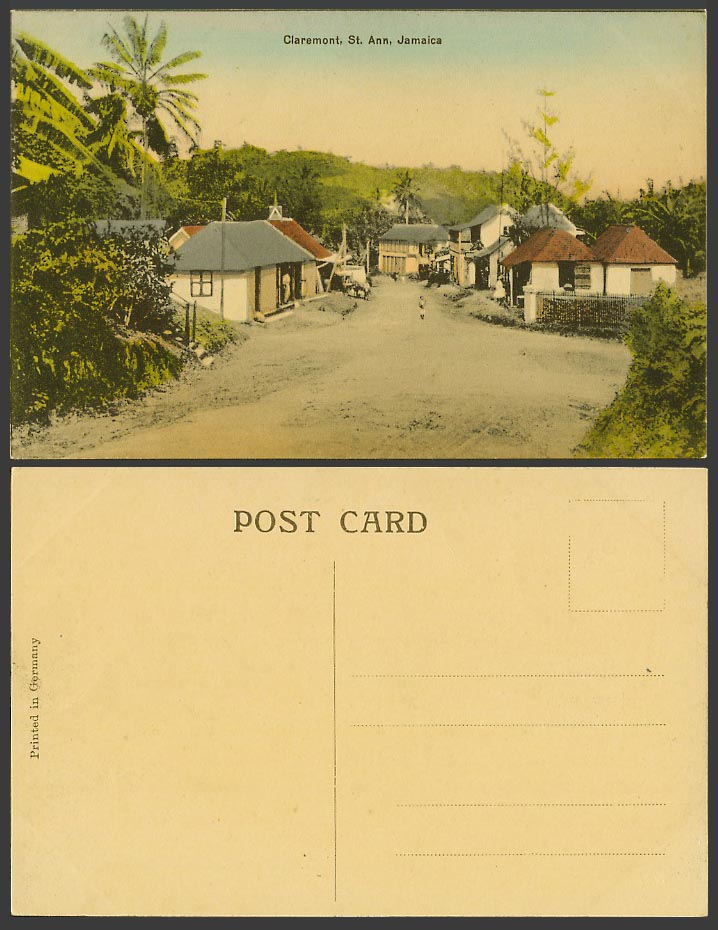 Jamaica Old Hand Tinted Postcard Claremont, St. Ann, Street Scene, Native Houses