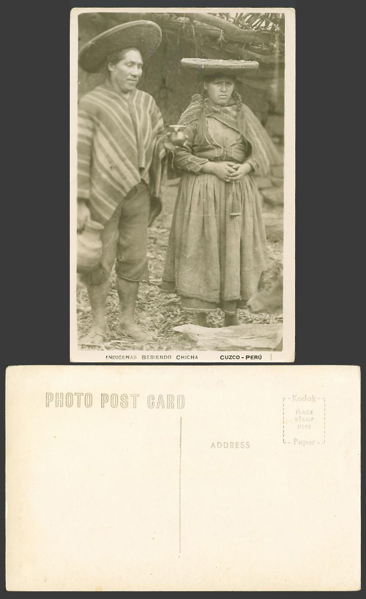 Peru Old Postcard Cuzco, Indigenous People Drinking Chicha, Man & Woman Costumes