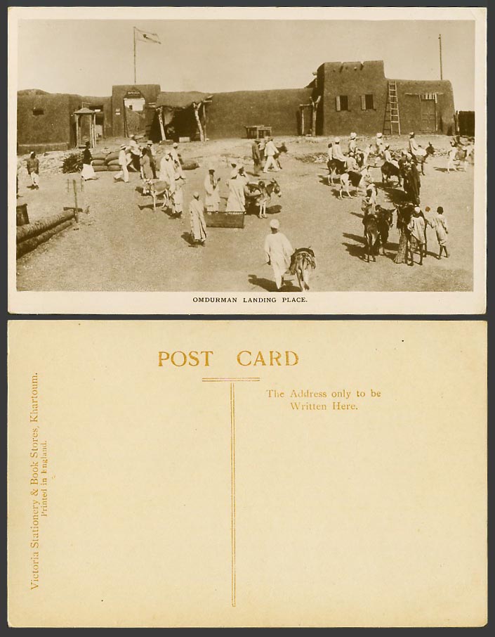 Sudan Old Real Photo Postcard Omdurman Landing Place, Flag on Gate Walls Donkeys