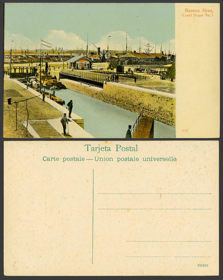 Argentina Old Colour Postcard Buenos Aires Canal Dique No. 1 Boats Ship Flag 037