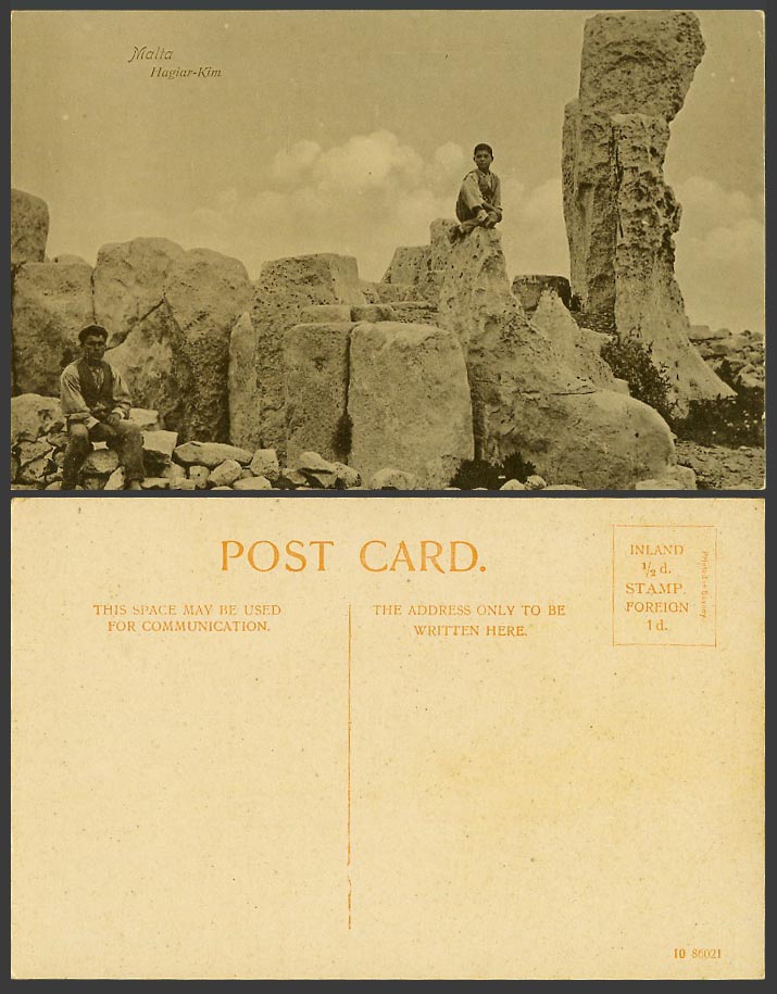 Malta Old Postcard Hagiar-Kim Megalithic Temple Complex Man Boy Sitting on Rocks