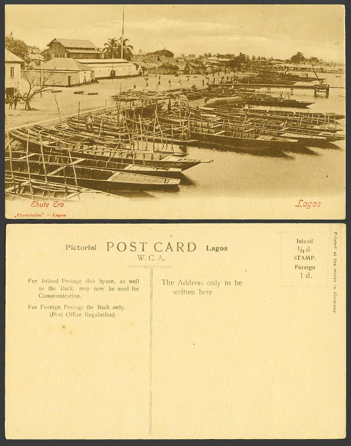 Nigeria Old Postcard Lagos Ebute Ero, Native Boats Harbour Street Scene Panorama