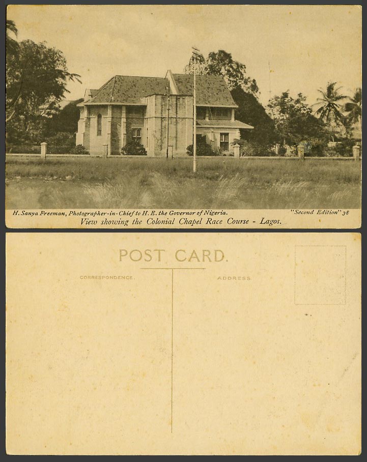 Nigeria Old Postcard Lagos Colonial Chapel Race Course Horse Racecourse H. Sanya