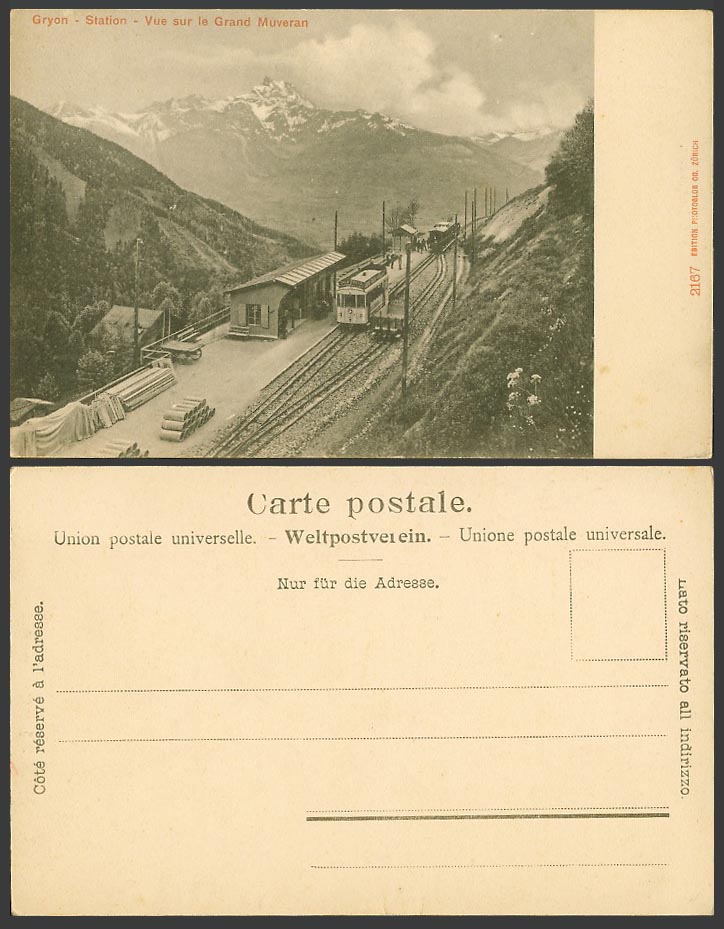 Switzerland Old UB Postcard GRYON Railway Station Grand Muveran Mountain, Trains