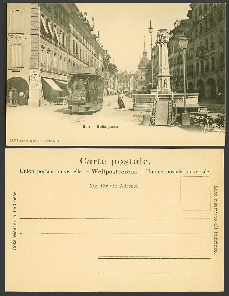 Switzerland Old UB Postcard Spitalgasse, Street Scene TRAM Chocolat Suchard Cafe