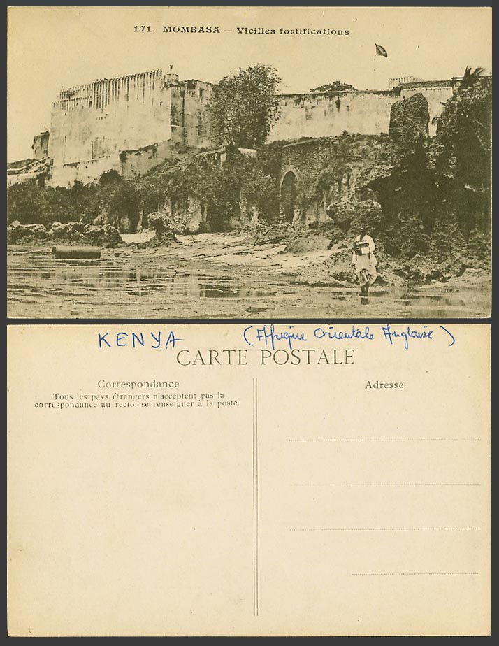 Kenya Old Postcard Mombasa Vieilles fortifications Old Fort Fortress Flag Native