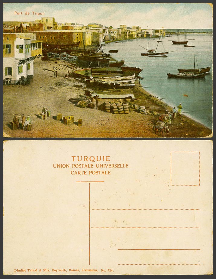 Libya Old Colour Postcard Port de Tripoli, Harbour Boats, Beach Seaside Panorama