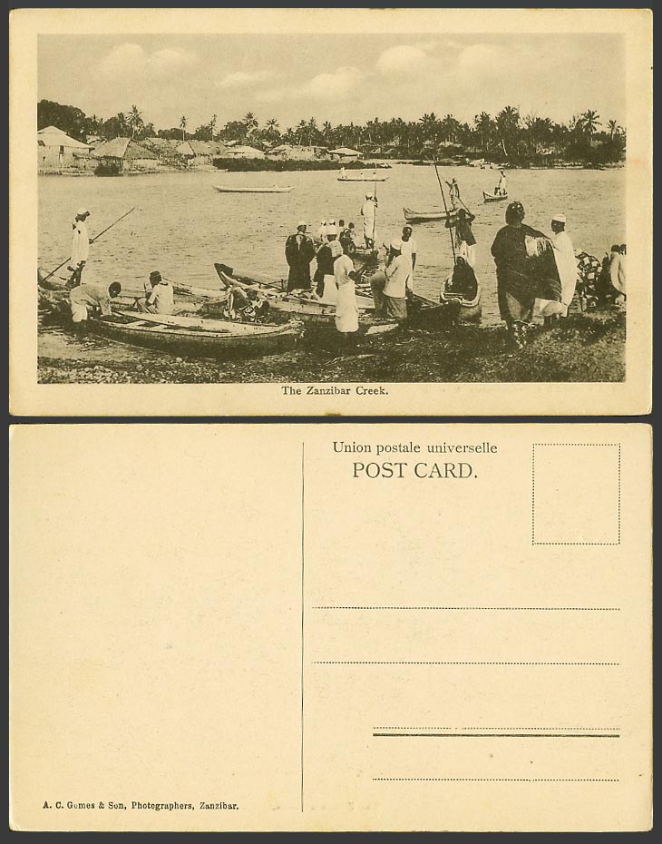 Zanzibar Creek Native Canoes Boats Boating Village Houses Palm Tree Old Postcard