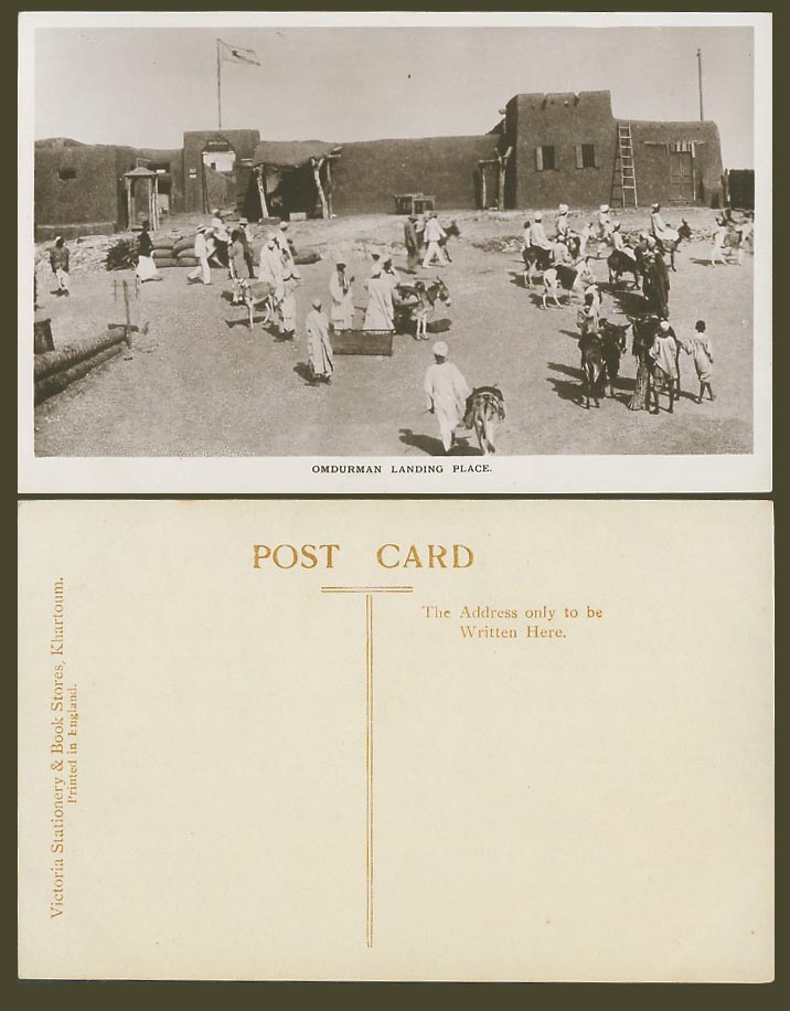 Sudan Old Real Photo Postcard Omdurman Landing Place, Flag Gate Fortress Donkey