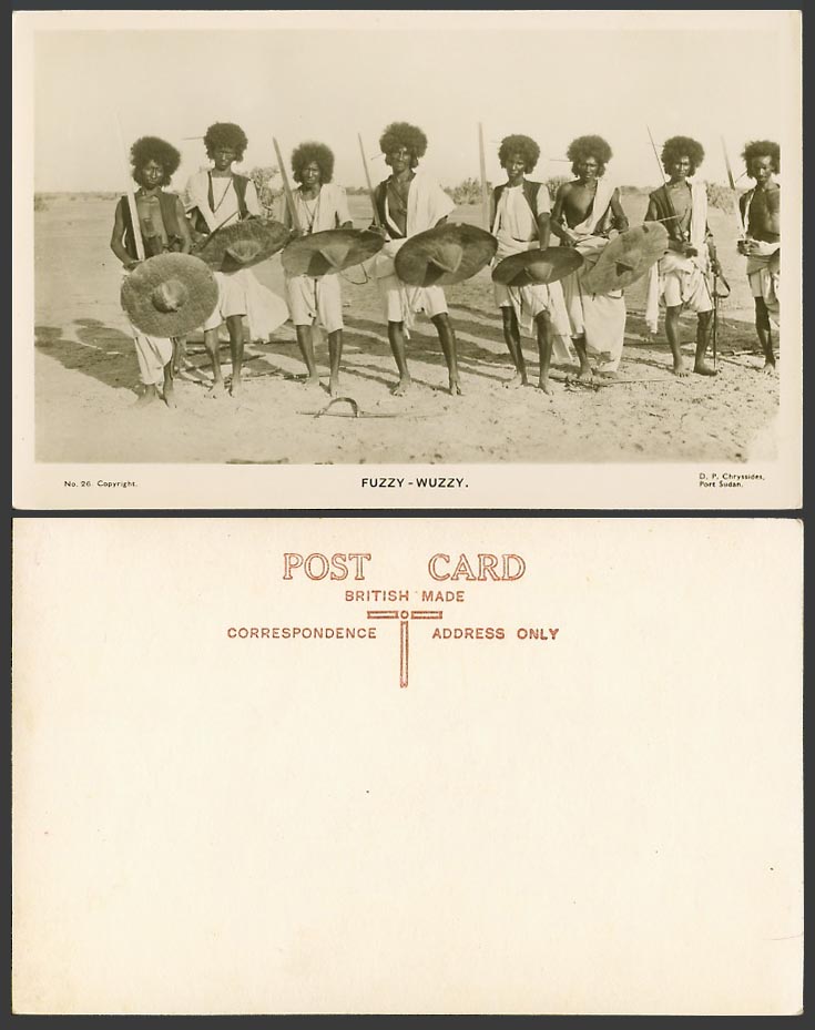 Sudan Old Real Photo Postcard Fuzzy-Wuzzy, Native Warriors with Spears & Shields