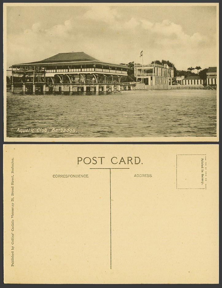 Barbados Old Postcard Aquatic Club, Pier Flag B.W.I., Collins' Carlisle Pharmacy