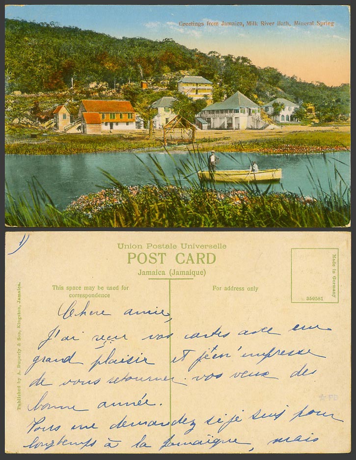 Jamaica Greetings from Old Colour Postcard Milk River Bath, Mineral Spring, Boat