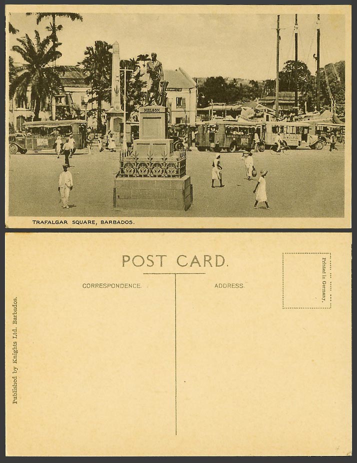 Barbados Old Postcard Trafalgar Square, Nelson Statue, Street Scene, Early Buses