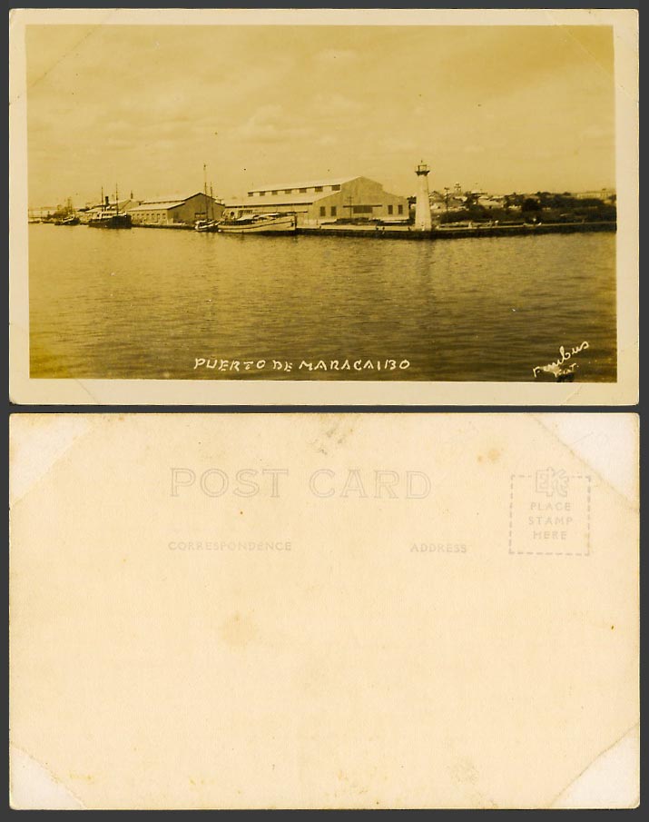 Venezuela Old Real Photo Postcard Puerto de Maracaibo Harbour Lighthouse Steamer